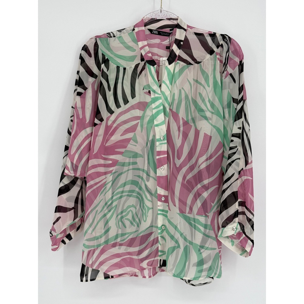 ZARA Women's Pink Animal Print Sheer Button Up Shirt‎ Blouse Long Sleeve Sz S